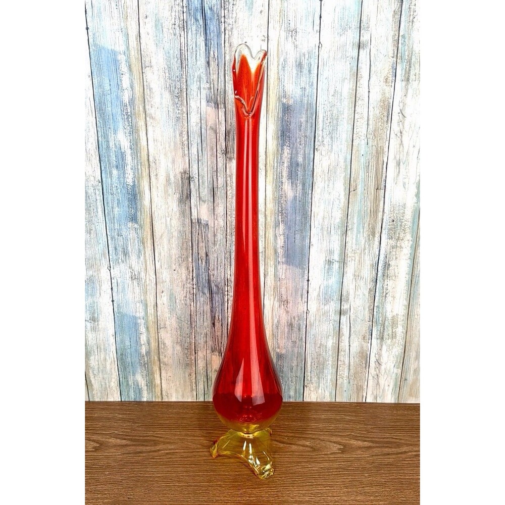 Viking Glass Epic 7014 29” Persimmon Amberina Arching Thumbprint Swung Vase MCM